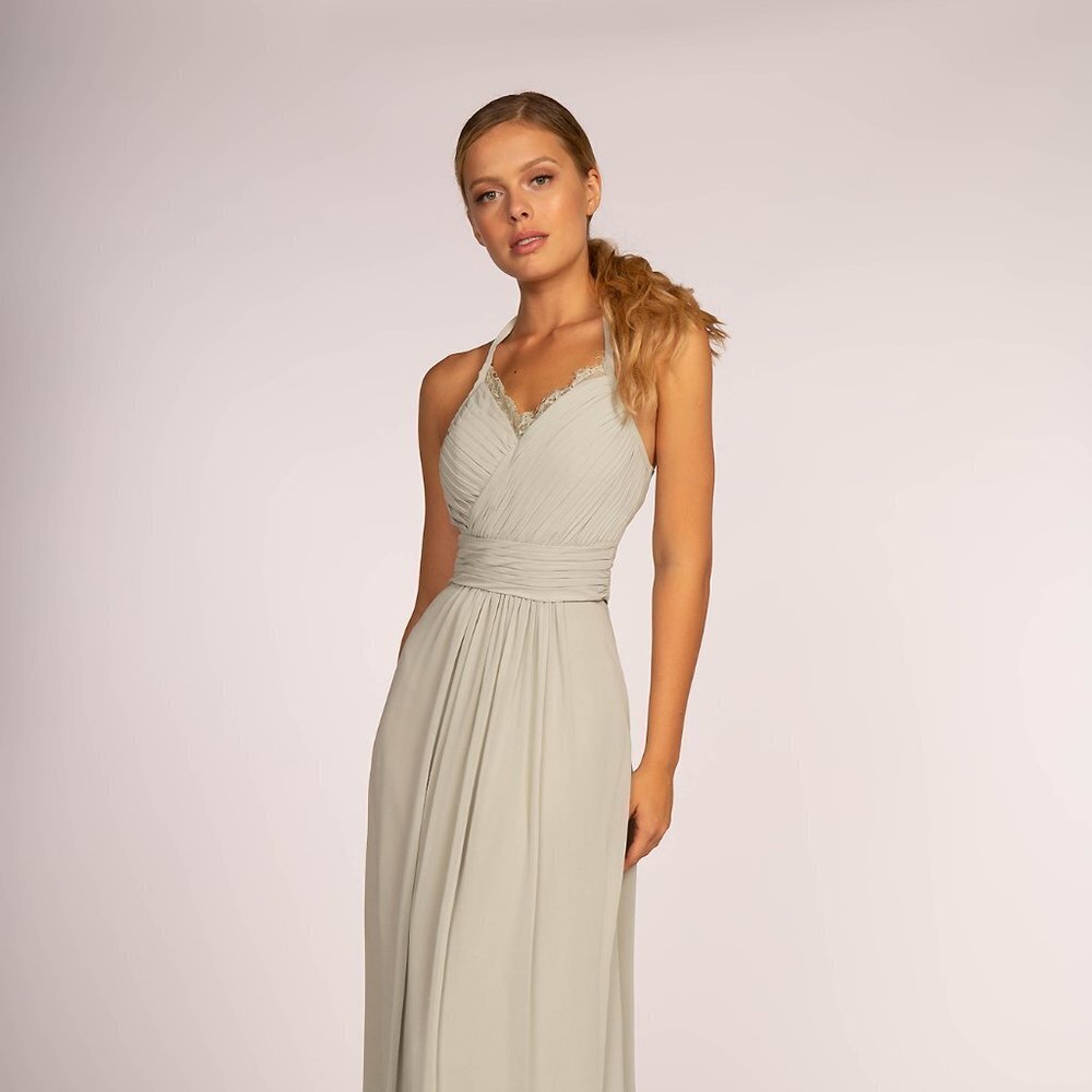 NEW LONG OFF THE SHOULDER SLEEVELESS CHIFFON DRESS WITH HALTER NECKLINE GL2606